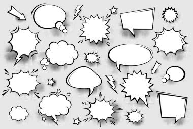 Yarım tonlu gölgeli boş komik konuşma baloncukları koleksiyonu. El çizimi eski çizgi film çıkartmaları. Pop sanat tarzı. Vektör illüstrasyonu.