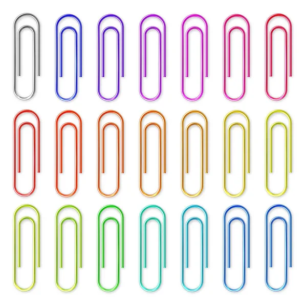 Realistic colorful metal paper clips isolated on white background. Page holder, binder. Vector illustration. — Stock Vector