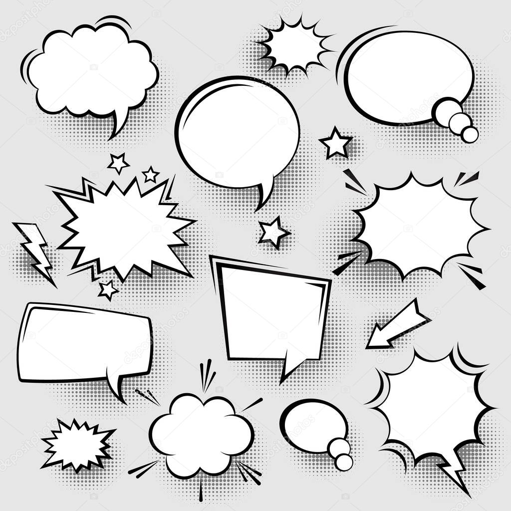 Collection of empty comic speech bubbles with halftone shadows. Hand drawn retro cartoon stickers. Pop art style. Vector illustration.