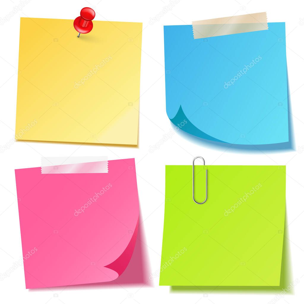 Realistic colorful blank sticky notes with clip binder. Colored sheets of note papers. Paper reminder. Vector illustration.