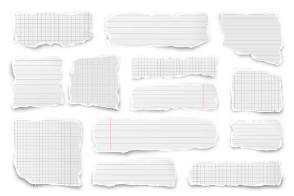 Papierstroken gescheurd. Realistische verkreukelde papierresten met gescheurde randen. Geringde stukjes notebookpagina 's. Vectorillustratie. — Stockvector