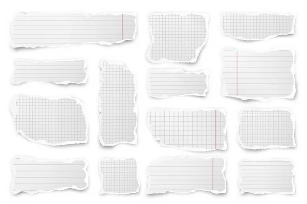 Κομμένες λωρίδες χαρτιού. Ρεαλιστικά τσαλακωμένα απορρίμματα χαρτιού με σκισμένες άκρες. Κομμάτια από σελίδες σημειωματάριου. Εικονογράφηση διανύσματος. — Διανυσματικό Αρχείο