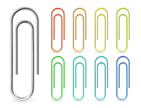 Realistic colorful metal paper clips isolated on white background. Page holder, binder. Vector illustration. — Stock Vector