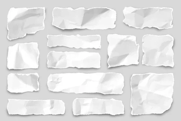 Tiras de papel rasgadas. Desechos de papel arrugados realistas con bordes rotos. Trozos de páginas de cuadernos. Ilustración vectorial. — Vector de stock
