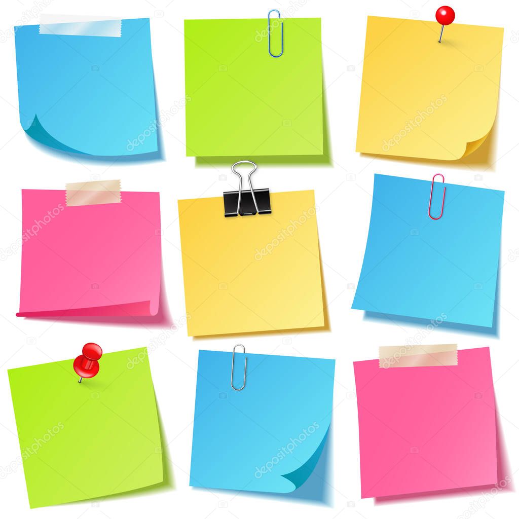 Realistic colorful blank sticky notes with clip binder. Colored sheets of note papers. Paper reminder. Vector illustration.