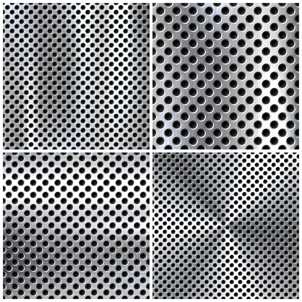 Realistic perforated brushed metal textures set. Polished stainless steel background. Vector illustration. — Stock Vector