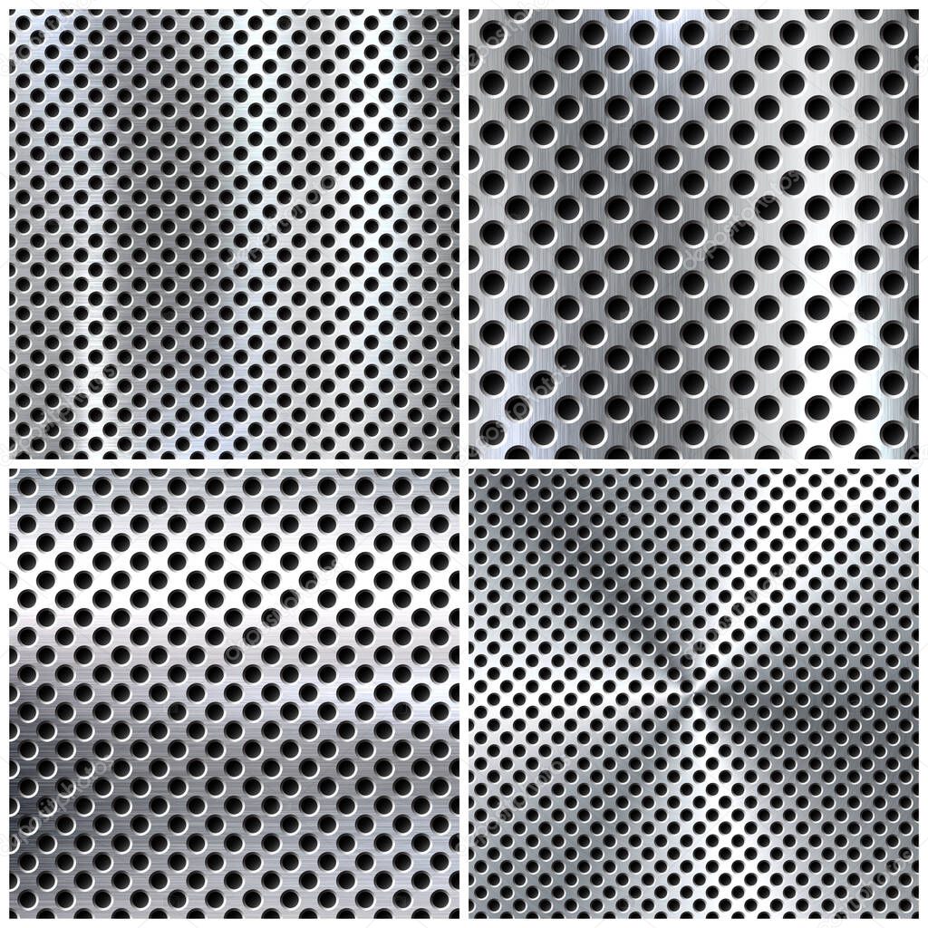 Realistic perforated brushed metal textures set. Polished stainless steel background. Vector illustration.