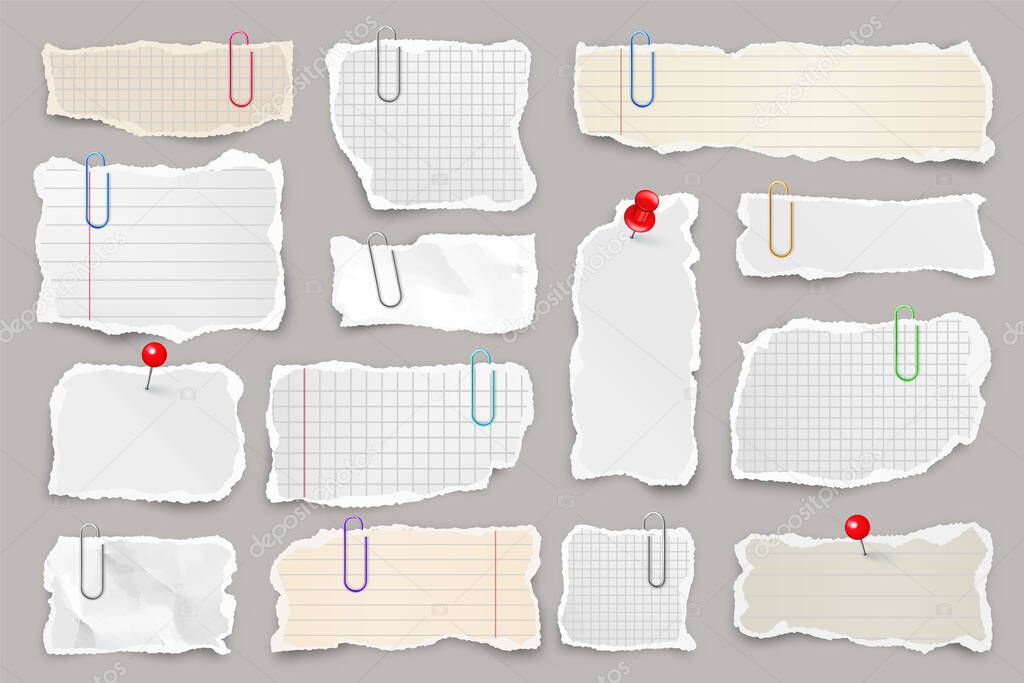 Ripped paper strips with clips. Realistic crumpled paper scraps with torn edges. Lined shreds of notebook pages. Vector illustration.