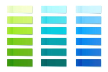 Gerçekçi yapışkan notlar koleksiyonu. Not etiketleri yapıştırın. Renkli yapışkan kağıt çarşaflar. Vektör illüstrasyonu.