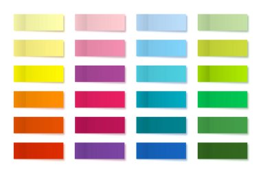 Gerçekçi yapışkan notlar koleksiyonu. Not etiketleri yapıştırın. Renkli yapışkan kağıt çarşaflar. Vektör illüstrasyonu.