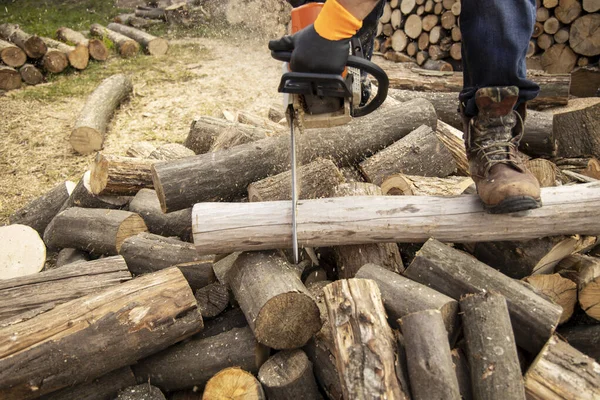 Sierra de cadena en acción cortando madera. Hombre cortando madera con sierra, polvo —  Fotos de Stock