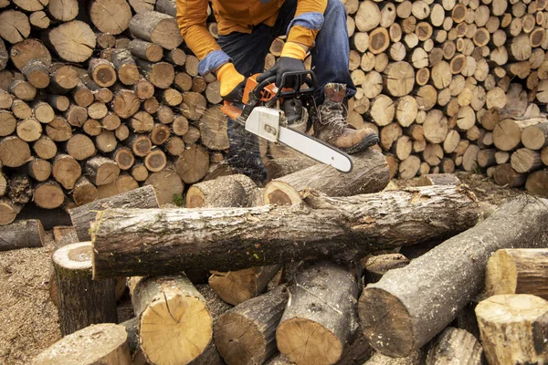 Sierra de cadena en acción cortando madera. Hombre cortando madera con sierra, polvo — Foto de Stock