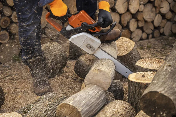 Chainsaw in action cutting wood. Man cutting wood with saw, dust