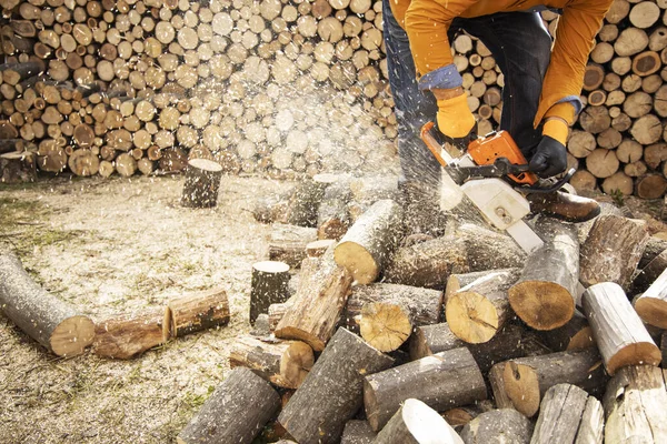 Sierra de cadena en acción cortando madera. Hombre cortando madera con sierra, polvo —  Fotos de Stock