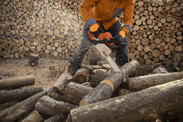 Motosega in azione tagliando legno. Uomo taglio legno con sega, polvere — Foto Stock