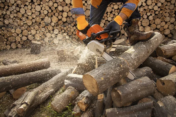 Motosega in azione tagliando legno. Uomo taglio legno con sega, polvere — Foto Stock
