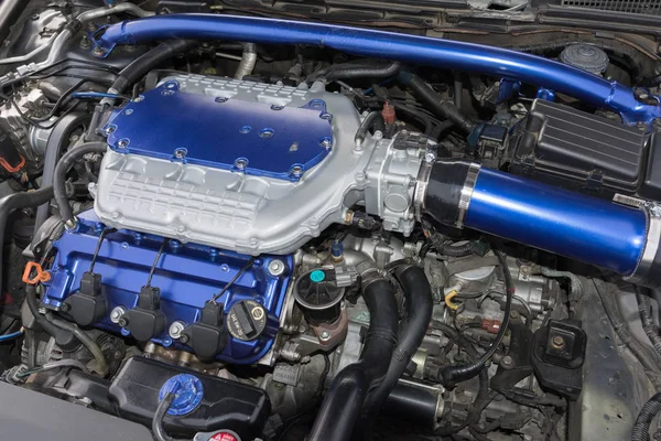 Close up details of car engine on display — Stock Photo, Image