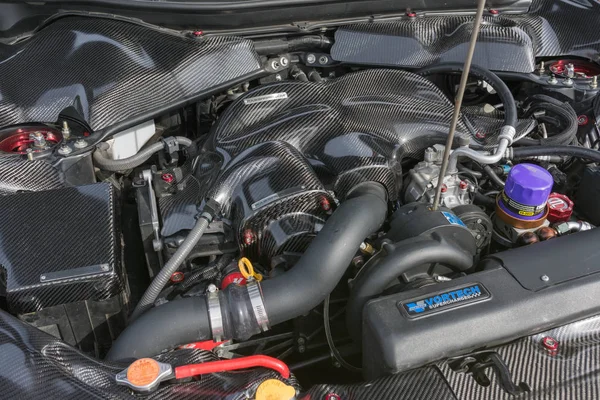 Close up details of car engine on display — Stock Photo, Image