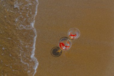 Akvaryumdaki balıklar ve deniz dalgaları.