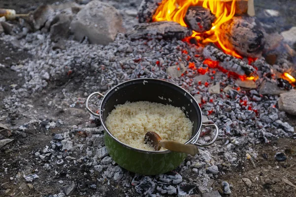 Cookware rice meal, camping area.