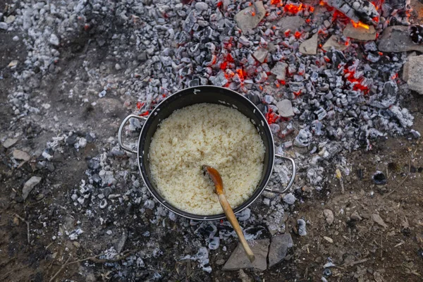 Panelas Farinha Arroz Área Acampamento — Fotografia de Stock