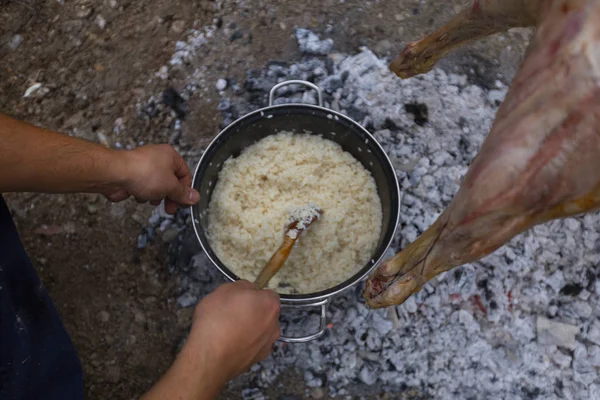 Cookware rice meal, camping area.