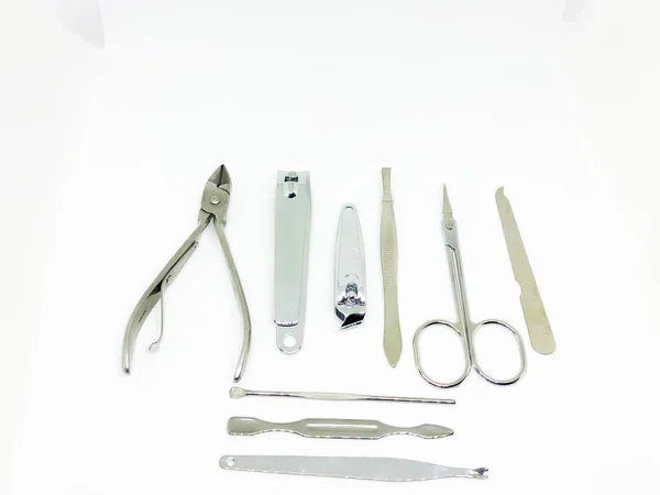 Zestaw Manicure Paznokci Nożyczki Białym Tle — Zdjęcie stockowe