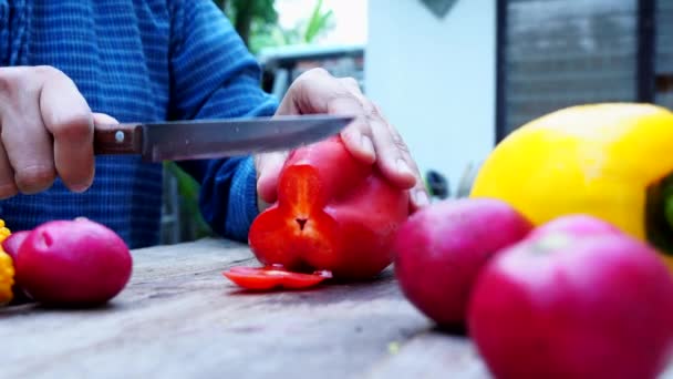 Primer Plano Mano Chef Corte Pimiento — Vídeos de Stock