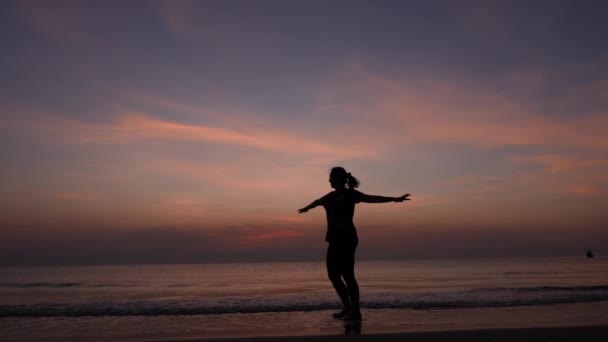 Silhouette Femmes Relaxant Sur Plage Lever Soleil — Video