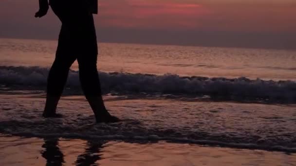日出时分在海滩上放松的女性轮廓 — 图库视频影像