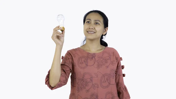 Asia Woman Holding Light Bulb White Background — Stock Photo, Image