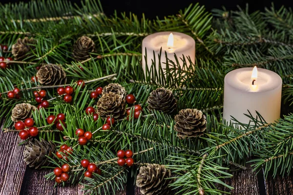 Branche Arbre Noël Décorée Sur Table Bois — Photo