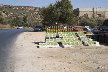 Taze zeytin ekranda bir yol yan stand. Ürdün