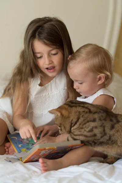 Hermanas leyendo un libro juntas — Foto de Stock