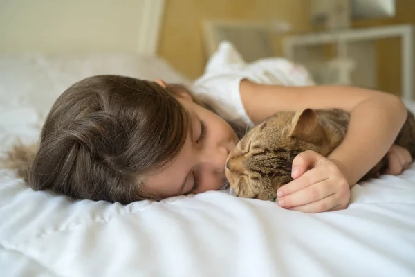 Copilul care doarme cu pisica — Fotografie, imagine de stoc