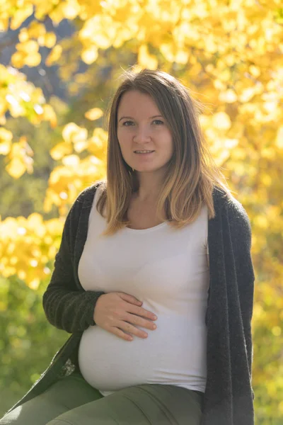 Mulher grávida no outono — Fotografia de Stock