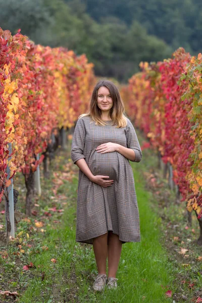 Mulher grávida em pé na vinha de outono — Fotografia de Stock