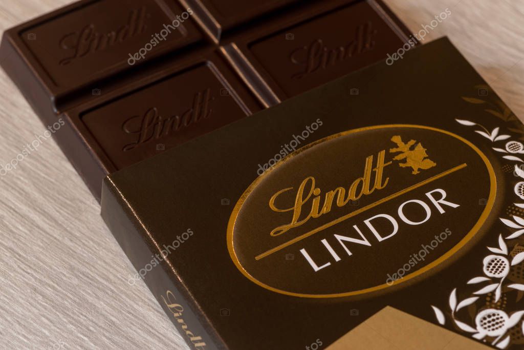 Imperia, Italy - November 2, 2019: Close up of the Lindt logo on a box Lindor chocolates