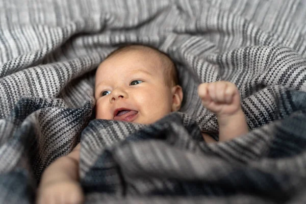 かわいい新生児の女の子 毛布に包まれ ベッドに横たわって — ストック写真