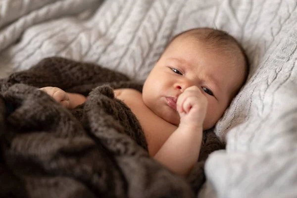 Niña Envuelta Manta Acostada Cama — Foto de Stock