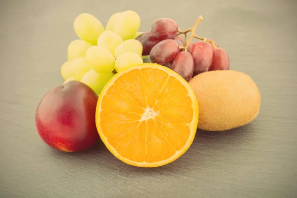 Close Image Various Fruits Slate Board Retro Effect — Stock Photo, Image