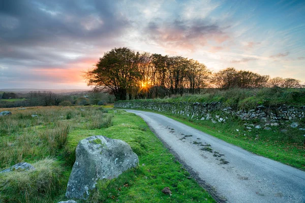 Günbatımı Bodmin Moor Cornish Kırsal Kesimde Üzerinden Dolambaçlı Bir Ülke — Stok fotoğraf