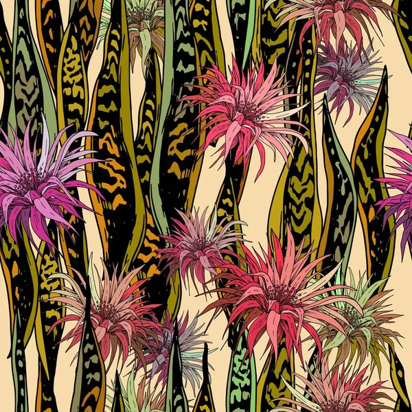 Бесшовный узор со змеиным растением и цветами . — стоковый вектор