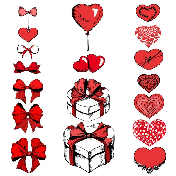 Set di forme a cuore, fiocchi e scatole regalo per il design di San Valentino . — Vettoriale Stock