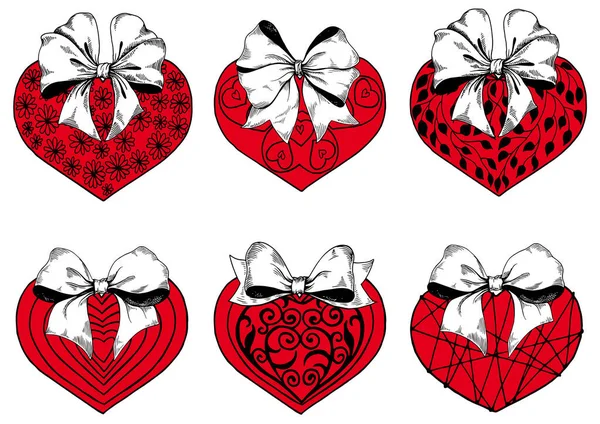 Ensemble de cœurs rouges dessinés à la main avec arcs. — Image vectorielle