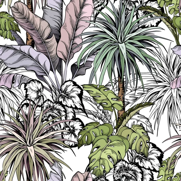 Seamless tropical pattern with hand drawn leaves and palm trees. — 스톡 벡터