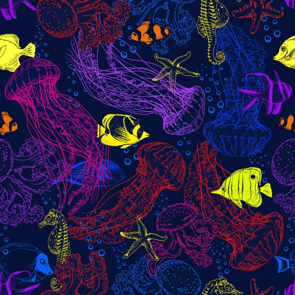 Nahtloses Muster mit Gelee-Fischen und bunten tropischen Fischen. — Stockvektor