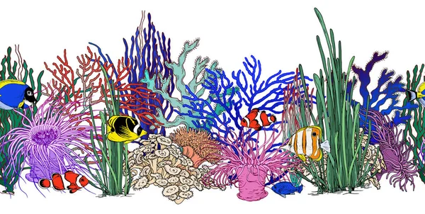 Бесшовная горизонтальная граница с красочными кораллами, водорослями и тропическими рыбами . — стоковый вектор