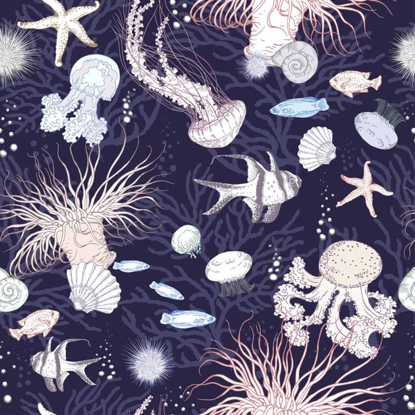 Patrón sin costuras con medusas, conchas, anémonas de mar y peces tropicales . — Archivo Imágenes Vectoriales