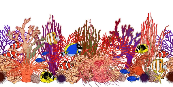 Бесшовная горизонтальная граница с красочными кораллами, морскими анемонами и тропическими рыбами . — стоковый вектор